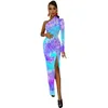 Robes décontractées Tie Dye Swirl Swirl Maxi Robe One épaule bleu et violet Club Bodycon Automne Streetwear Long Woman Imprimé Vestidos