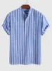 メンズカジュアルシャツZaful Striped for Men for Halfボタンカラーレス半袖ブラウスストリートウェアプルオーバーオフィストップZ4984953