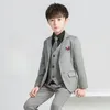Children's spring and autumn boys and teenagers black and grey striped small suit five-piece set (suit + waistcoat + trousers + tie + shirt)
