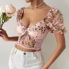 Blouses pour femmes V-colmes à manches courtes Blouse broderie motif de fleurs Tops élégant en mailles épisser pour les femmes