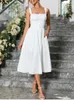 Casual Dresses Asia Fashion Solid Midi Dress Women Summer Sweet Square Collar Sleeveless Bandage Robe Elegant Birthday Party Vestidos Kvinna