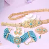 Blaues Steinschmuck Set Gold plattiert marokkanischen türkischen Kaftan Hochzeitsgürtel Halskette Ohrring Muslim Sets Arabisch Bijoux Femme 240410