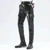 Мужские кожаные брюки превосходное качество упругое модное модное модное мотоциклетное мотоцикл искусственные брюки рок -уличные карманы 240419