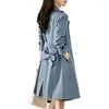 Damesjassen Britse stijl lange trench jassen klassieke dubbele borsten windendaar elegante dames losse overjassen Koreaanse mode blauw