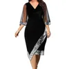 Vestidos casuais verão plus size tamanhos de renda redonda vestido de pescoço médio de manga comprida costura irregular formal