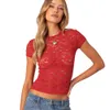 Undefined Cleren Woman Tops Dames T -shirt Crew Nek Korte Mouw Spandex Lace Patchwork Sexy Regelmatig Fit Ademend dagelijkse Outfit Red Black S XL Designer Top Women