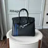 Echte Lederhandtasche Bk Silberknopf Togo Leder vertikaler Streifen Farbblockierbeutel Leder Handtasche Mode vielseitige erste Schicht Cowhide Umhängetasche Fashio