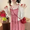 الكورية الحلو والفتاة الجميلة S-8XL بالإضافة إلى الحجم جوفاء حماية الشمس من Cardigan Strawberry Plaid D.