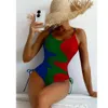 Nieuwjaars geprinte Camisole jumpsuit, sexy trekkoord Backless High Tailed Swimsuit