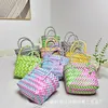Plastvävd väska barns söta färgblockade twill handväska förvaring väska grönsak korg kompanjon present handväska