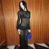 Lässige Kleider 2024 Frauen sexy hohles Mesh Long Dress Night Club Streetwear Elegant Turndown Kragen Knöpfe Durchsichtige Party Kleidung