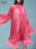 Casual jurken kbq-gradiënt gesplitste verenjurk voor vrouwen staan kraag flare mouw hoge taille vouwen losse mini vrouwelijke modekleding