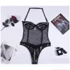 Bras Sets Leosoxs Black Mesh y Porn Underwear Pu Leather Halter Lingerie Shapewear Punk Style Open Bra Zipper Kit intime Drop Otbmr