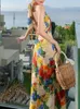 Ladies Flower V-образное развязка повязка повязки Boho Women Beach Slim Long High Cake Вечерняя вечеринка Летнее праздничное платье 240415