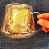 マグカップ二重壁断熱メガネクリエイティブコーヒーマグ茶乾燥花のハンドルで耐熱性