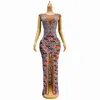 STAGE Wear Women Birthday Party Prom Colorful Rhinestone Split Long Dress Evening Célébreuses Singer Host Performance Costume Sexy Mesh