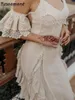 Bohemian Spaghetti Straps Applique koronkowe sukienki ślubne syreny V-dół iluzja tylna marszki ślubne suknie ślubne szata de Mariee