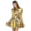 Casual Dresses Womens Metallic Shiny Long Sleeve A-line Dress Rave Party Clubwear Turtleneck Patent Leather Mini Music Festival Clothes