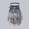 Skirts High Quality Women Denim Mesh Patchwork Lace Skirt Waist A Line Asymmetric Frill Tulle Gothic Chic Faldas Mujer 2024