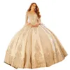 Flare Quinceanera Prinzessin Langarm Kleider Spitze und Satin Champagner Prom Ball Kleid Kristall Perlenboden bodenlange süße 15 Kleid für Mädchen