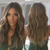 Wigs Brown Long Synthetic Pruiken met blonde highlights Middle Part for Women Curly Wavy Cosplay Haar Wig Heat Resistant Fiber DailySeus