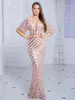 Party Dresses Romagic V Neck Kort ärmar Evening Dress Women Prom Gown Stripes Sequined Elegant Long Graduation Summer 2024