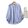 Blusas femininas murcha casual de manga longa Mulheres tops camisa camisa nórdica minimalista lago azul solto