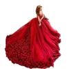 Rote Kleider Quinceanera Applikationen Blumen Langer Zug Cinderella Kleider von Schulter Tüll florale süße 16 Kleider Vestido 15 Anos