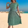 Casual Dresses Spring Summer Floral Dress Crewneck Female Loose Lace-Up Large Swing Fashion Exquisite Elegant Pleated for Cocktail Party