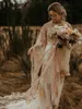 Champagne O-Neck Illusion Front Split A-Line Wedding Dresses Long Flare Sleeve Appliques Lace Bridal Gowns Robe De Mariee