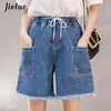 Frauen Denim Jeans Frauen Mode Vintage High Taille Blue Quaste Drawess Lose Sommer Weitbein Frauen Taschen S-5xl 240418