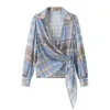 Blouses de femmes Femmes 2024 Fashion Asymétrique Plaid Casual Long Mancheve Shirt Chic V-Neck Knot Volylemy Top Mujer