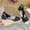 Kadın Platform Espadrille 8cm Tasarımcı Topuklar Pompa Yaz Kama Ayakkabıları Tasarımcı Sandalet Mavi Denim Pompalar Kadın Plaj Sandale Örgülü Rope Sole Ayak Bileği Kravat Üst Kalite