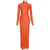 Robes décontractées Aligaia 2024 Fashion Orange Coltweneck Elegant Slit Robe Femme Automne Wincm Lady Long Manched BodyCon Party