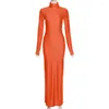 Casual Dresses Aligaia 2024 Fashion Orange Turtleneck Elegant Slit Dress Women Autumn Winter Lady Long Sleeve Bodycon Evening Party