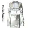 Sukienki robocze seksowne Y2K Lady 2 sztuki jasne srebrne spódnice Koronki z długim rękawem Koszulki Mini Sets Party Dwa stroje