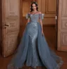 2024 Evening Dresses Wear Dusty Blue Off Shoulder Spaghetti Straps Mermaid Sweep Train Sequined Lace Crystal Beads Plus Size Prom Gowns Party Dresses Overskirts