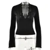 Hot Selling New Base Shirt Sexy Spicy Girl Long Sleeved Slim Fit V-neck Patchwork Lace Top F42827