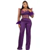ビーズクリスタル女性ウエディングジャンプスーツドレス紫色の羽の長袖プリーツコルセットフォーマルイブニングガウン幻想セクシーなセレブパーティーウェア