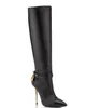 Wintermarke Vorhängeschloss Kniestiefel Logo-verstärkte Lock-Key-Stiefel Metall Stiletto Absatz Gold-Tone Hardware Spitzer Zehen Lady Booty Party Hochzeit Tom Fords High Heels Stiefel