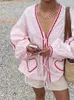 レディースシャツルーズ格子縞のハートポケットボウホローレースアップロングスリーブVネックの女性シャツ夏ファッションレディトップ240423