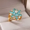 Wedding Rings Blue Zirkoon Bloemring voor vrouwen Goud kleur verstelbaar roestvrijstalen bloem esthetische trouwringen 2024 Inoxidable anillos