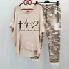 2 stks/set dames zomer casual pak losse ronde nek bedrukte sportkleding ademende katoenen blend camouflage outfit dame 240418