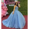 Blue Sky Glitter Dress Quinceanera Cequined Princess Prom Party Party Ball Suknia z długimi owiną