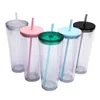 Reusable 16oz 24oz Plastic Tumbler Double Wall Insulated Transparent Acrylic Cup Mugs Classic Travel Drinking Juice Beverage Sippy Cups With Lids And Straws 5 Color