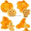 Backformen 4pcs Halloween Cookie Stamp Keks Form 3D Kürbis Geisterthema Kunststoff Cutter Knochenmod