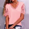 Women's Blouses V-Neck Women T-shirt Lace Hollow Stitching Petal Short Sleeve Casual Loose Solid Color Tops Daily Clothing