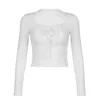 Korean White Lace Patched Female T-shirt Slim Basic Sweet Folds Autumn Tee Cute Top Coquette Clothes Front Tie-Up Y2K 240416