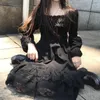 Casual Dresses Loose Gothic Black Princess Dress Autumn Girls Puff Sleeve Esthetic Lace Design Chic Vintage Sweet Square Collar Vestidos