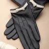 Kobiety zima prawdziwe skórzane rękawiczki czarne oryginalne rękawiczki kozie wełniane wełniane ciepła miękka moda moda nowa przybycie